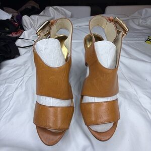 MK platform leather and wood shoes